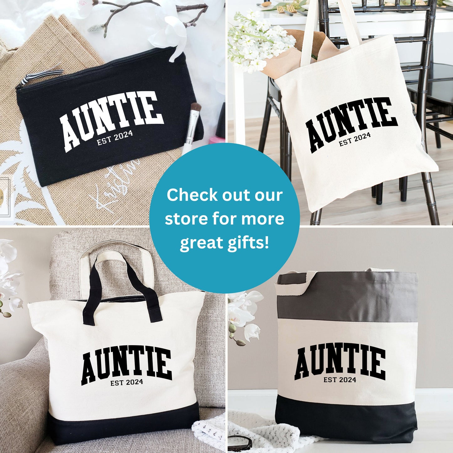 Custom Auntie Canvas Zipper Tote Bag, New Aunt Gift, Cool Aunt Present, Sister Gift, Aunt Birthday Gift, Gift from Nephew and Niece