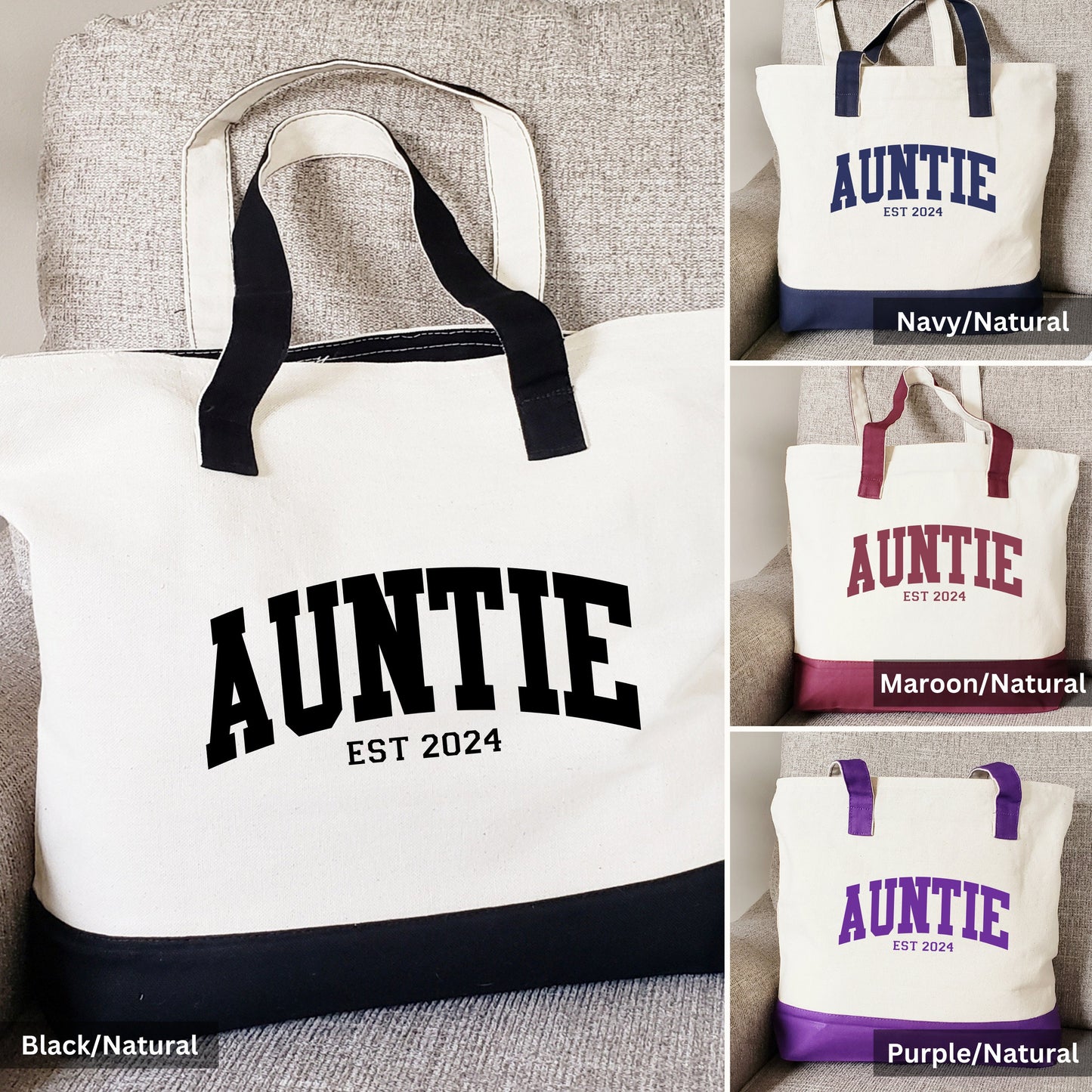 Custom Auntie Canvas Zipper Tote Bag, New Aunt Gift, Cool Aunt Present, Sister Gift, Aunt Birthday Gift, Gift from Nephew and Niece