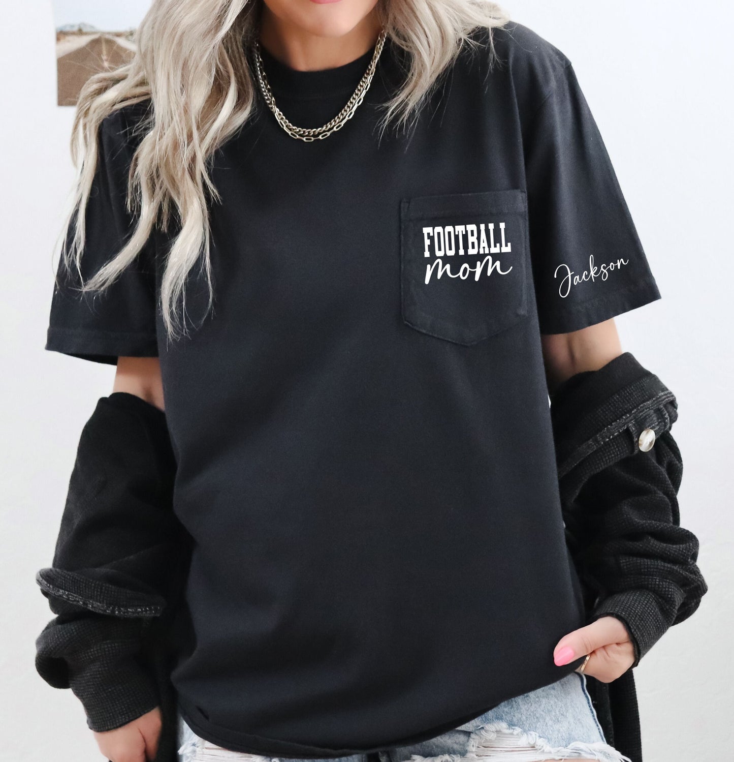 Football Mom Shirt, Pocket Logo Football Mom Shirt, Custom Football Mom Shirt, Comfort Colors Pocket Tee, Personalized Arm with Kids Names