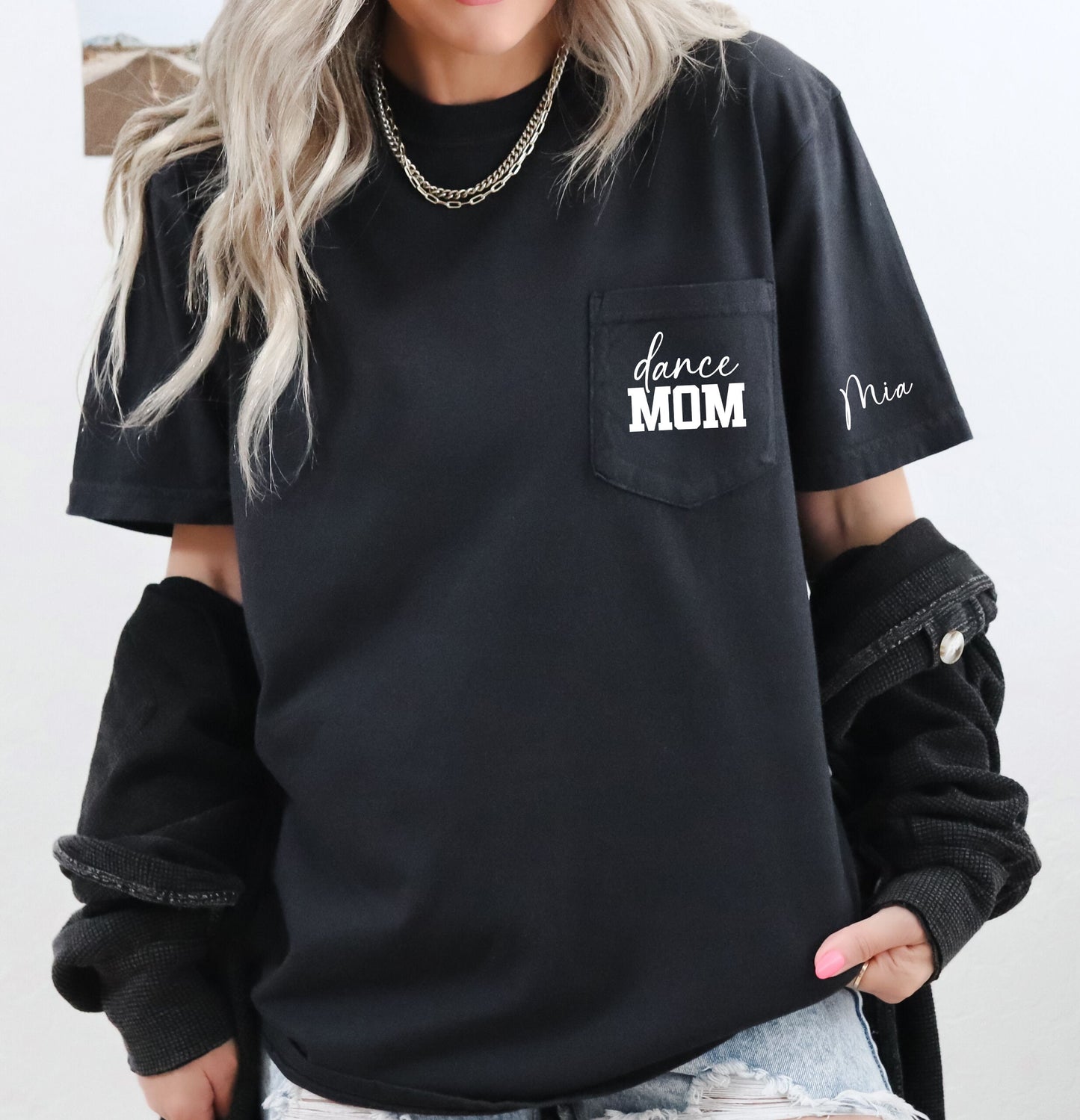 Dance Mom Shirt, Dance Mom T Shirt, Pocket Logo Dance Mama Shirt, Comfort Colors Pocket Tee, Personalized Arm with Kids Names