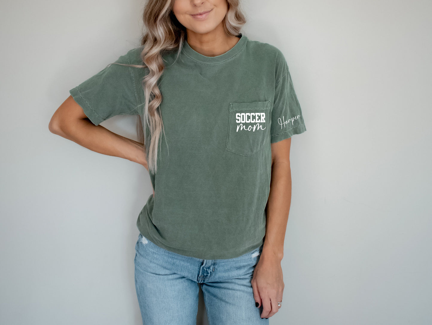 Pocket Logo Soccer Mom Shirt, Soccer Mom Shirt, Personalized Soccer Mom Shirt, Comfort Colors Pocket Tee, Personalized Arm with Kids Names