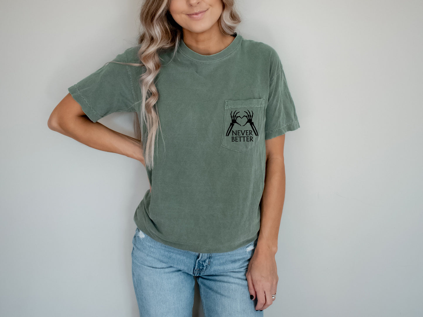 Never Better Skeleton Shirt, Funny Skeleton Shirt, Halloween Shirt, Halloween Pocket Tee, Minimalist Shirt, Comfort Colors Pocket Shirt