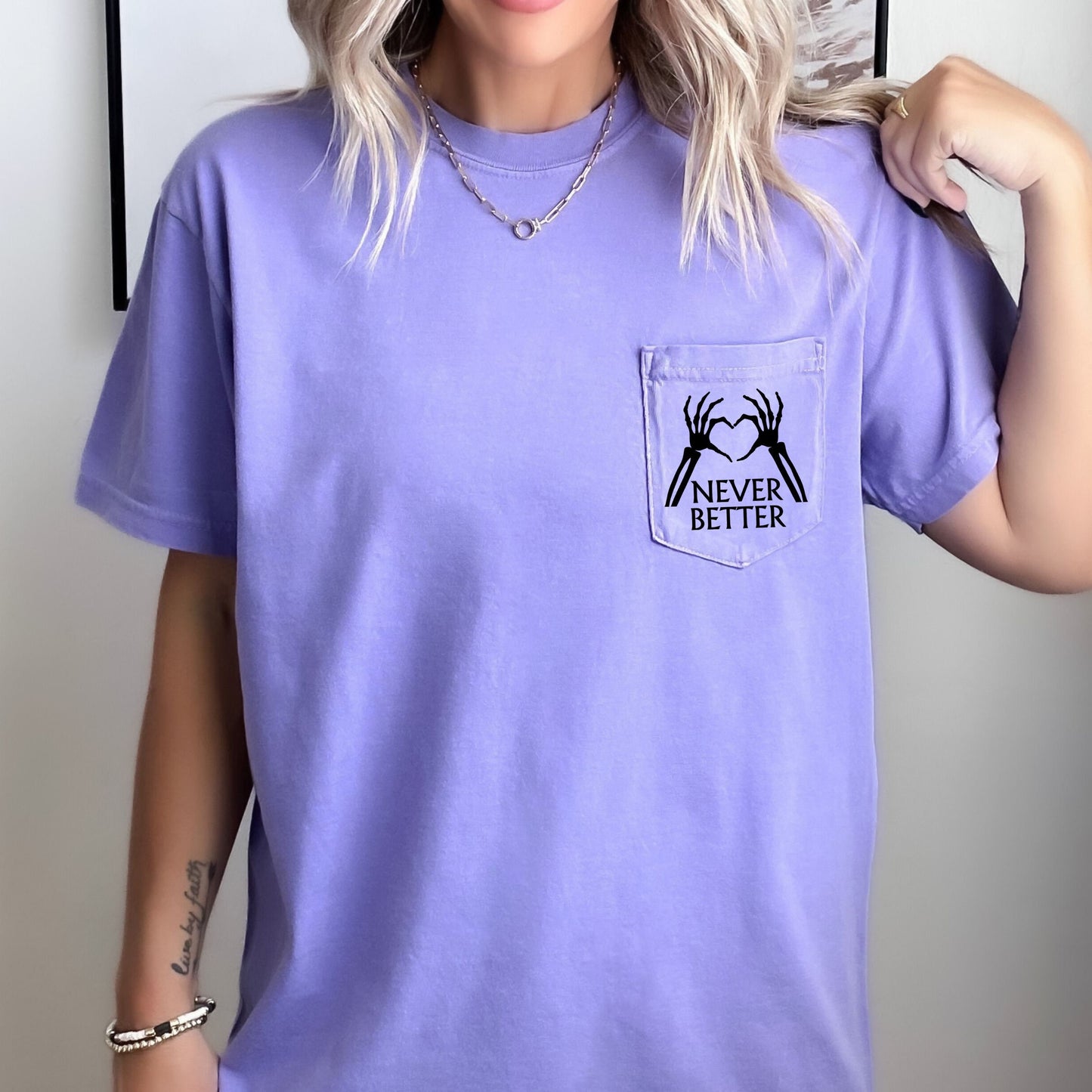 Never Better Skeleton Shirt, Funny Skeleton Shirt, Halloween Shirt, Halloween Pocket Tee, Minimalist Shirt, Comfort Colors Pocket Shirt