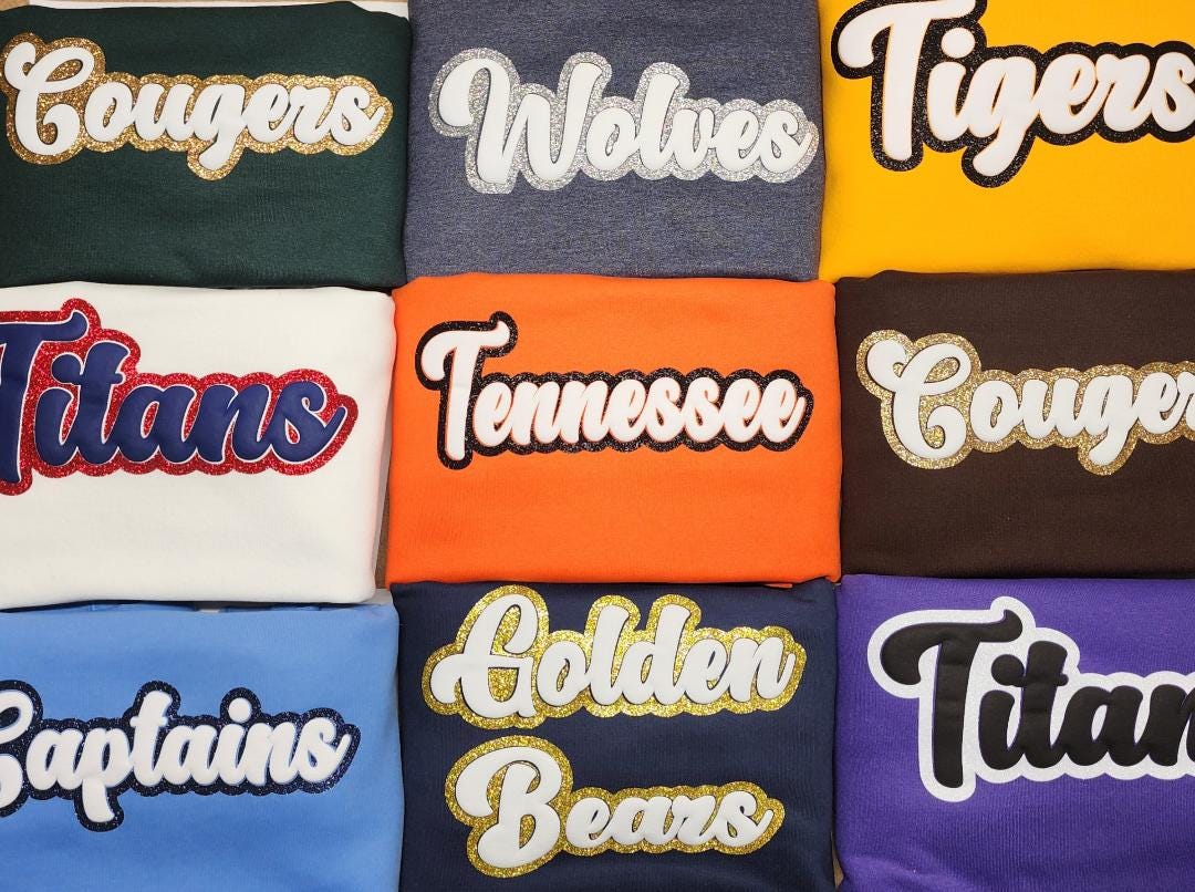 Custom Puff Team Name Sweater, Glitter Team Name Sweater, Embossed School Mascot Sweatshirt, School Spirit Shirt, Cheer, Football Mom
