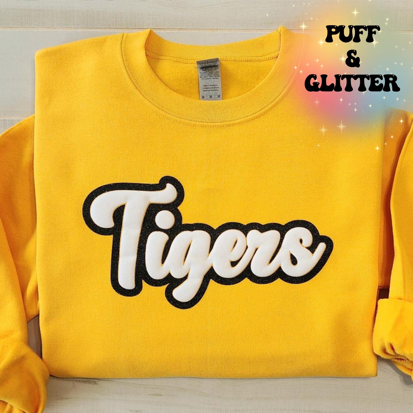 Custom Tigers Puff Team Name Sweater, Glitter Team Name Sweater, Embossed School Mascot Sweatshirt, School Spirit Shirt, Cheer, Football Mom