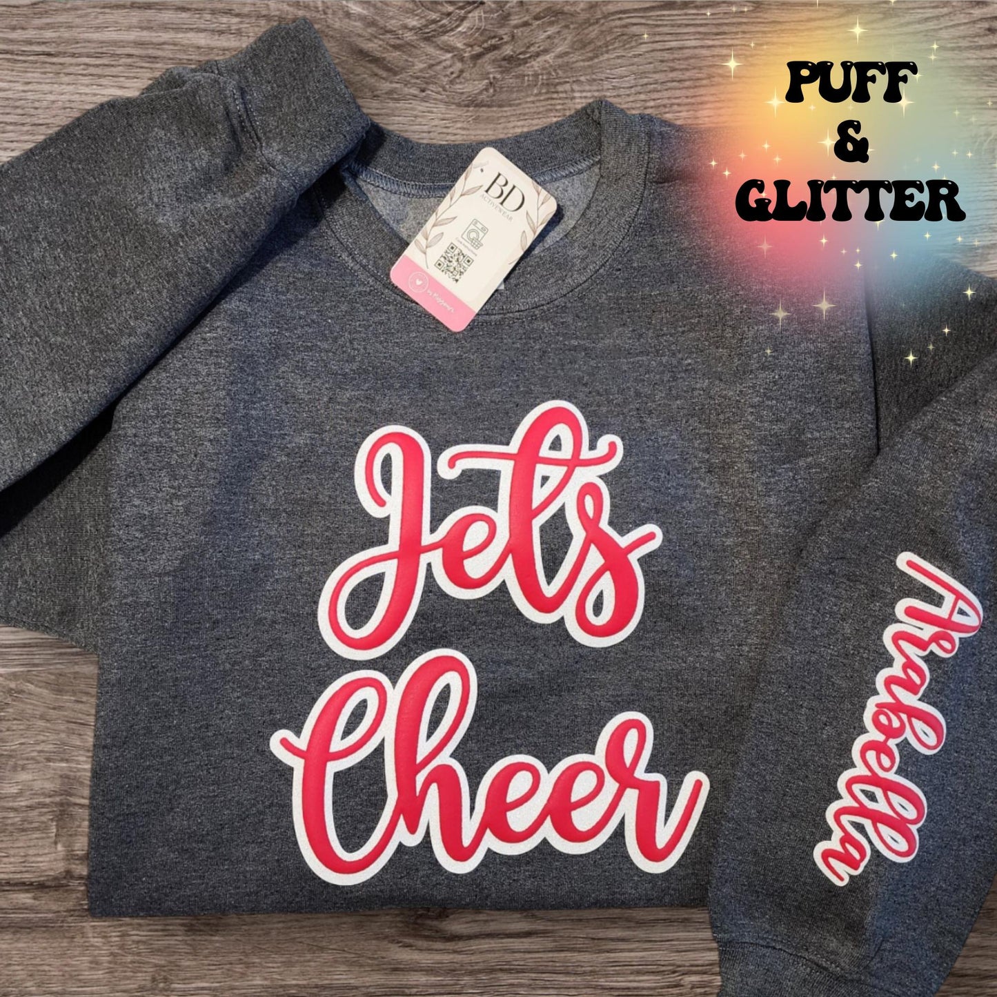 Custom Puff Cheer Sweatshirt, Glitter Cheer Sweater with Personalized Glitter Puff Sleeve, Team Shirt, School Spirit Shirt, Cheer Shirt