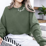 Personalized Puff Embossed Script Collar Mama Sweatshirt with Kid Names on Sleeve