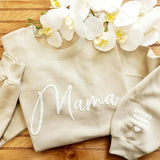 Personalized Puff Embossed Script Mama Sweatshirt with Kid Names on Sleeve #M104
