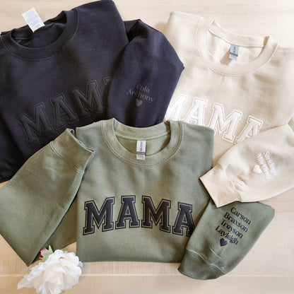 Personalized Puff Embossed Mama Sweatshirt with Kid Names on Sleeve (FILLED)