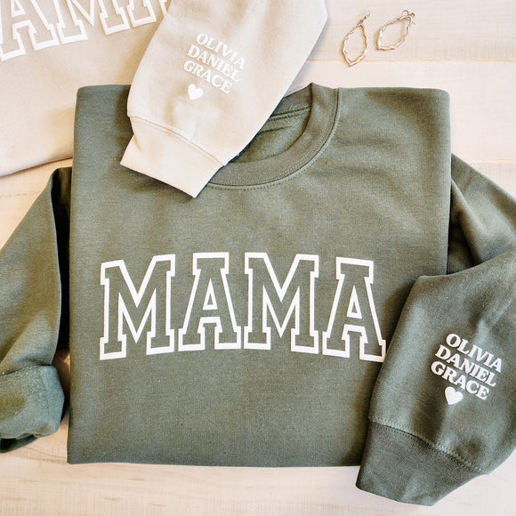 Personalized Puff Embossed Mama Sweatshirt with Kid Names on Sleeve (OUTLINE)