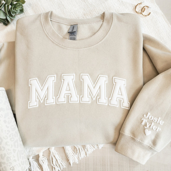 Personalized Puff Embossed Mama Sweatshirt with Kid Names on Sleeve (FILLED)