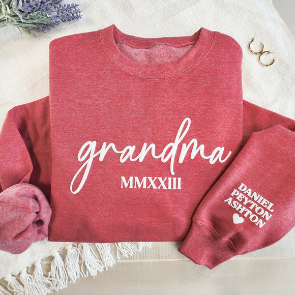 Personalized Puff Embossed Script Grandma Sweatshirt Est Roman Numerals with Kid Names on Sleeve