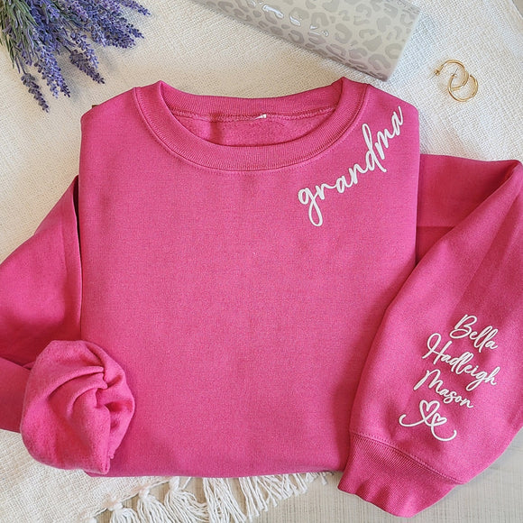 Personalized Puff Embossed Script Collar Grandma Sweatshirt with Kid Names on Sleeve