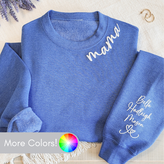 Personalized Puff Embossed Script Collar Mama Sweatshirt with Kid Names on Sleeve