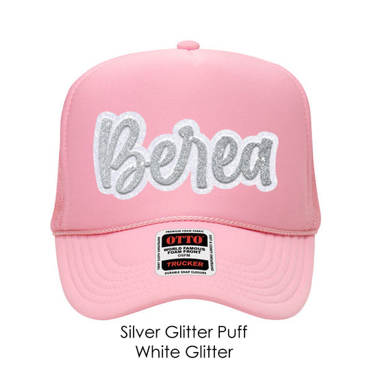 Berea Light Pink Hat Silver Glitter Puff and White Glitter