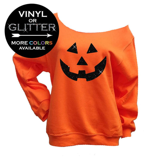 pumpkin face shirt - pumpkin face shirt- Off Shoulder Sweatshirt - Halloween party shirt - funny Halloween (BD809) SHOWN NEON ORANGE 562