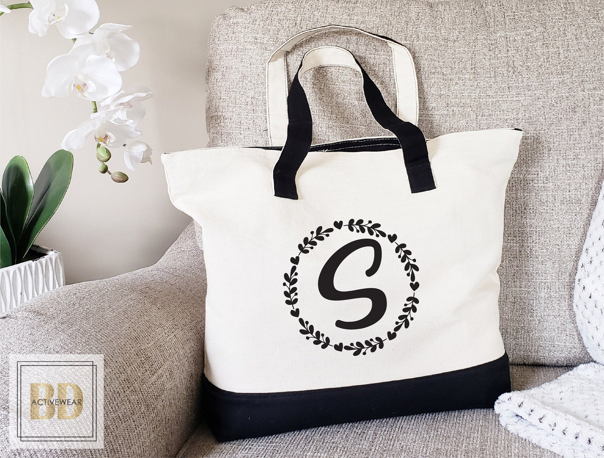 Zipper Tote Bag, Initial Tote Bag, Monogram Tote Bag, Gift For Her, Custom Tote Bag, Bridesmaid Gift, Bridesmaid Bag, Personalized Tote Bag