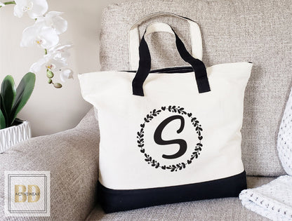 Zipper Tote Bag, Initial Tote Bag, Monogram Tote Bag, Gift For Her, Custom Tote Bag, Bridesmaid Gift, Bridesmaid Bag, Personalized Tote Bag