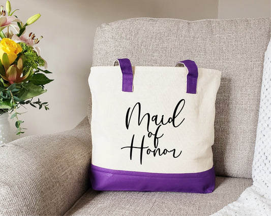 Zipper Tote Bag, bridesmaid gift tote, maid of honor tote, custom tote bag purple, custom tote bag wedding, canvas tote bag personalized