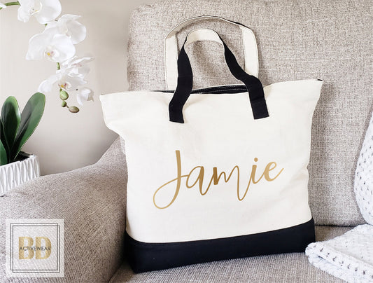 Zipper Tote Bag, Tote Bag Personalized Tote Bag Women - new bride Tote Bag Gift, Personalized Tote Bag, Cotton Canvas Tote