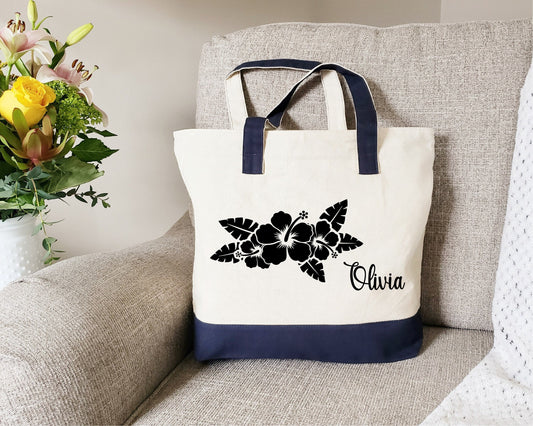 Zipper Tote Bag, Floral Custom Tote Bag, Cotton Canvas Tote, Hibiscus Tote Bag, Personalized tote bag, Beach Tote Bag, Personalized Gifts