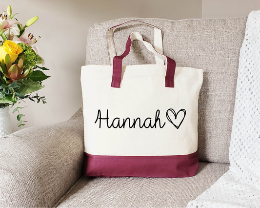 Zipper Tote Bag, Name with Heart Tote Bag, Heart Tote Bag, Bridesmaid Tote, Personalized Bride bag, Personalized gift, Cotton Canvas Tote