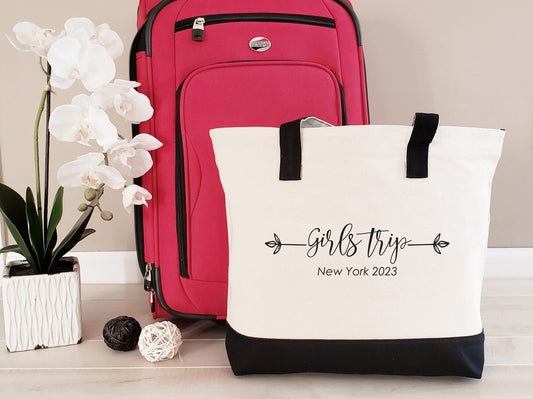 Girls Trip Tote Bag, Custom Tote Bag, Canvas with Zipper, Vacation Tote Bag, Personalized Girls Trip Gifts