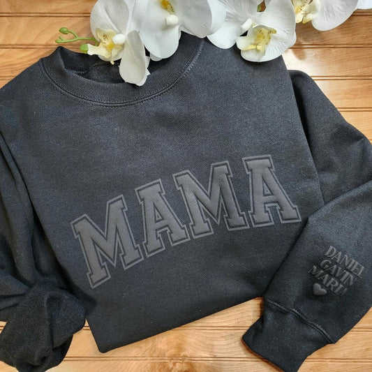 Personalized Mama Sweatshirt with Kid Names on Sleeve, Mothers Day Gift, Birthday Gift for Mom, Minimalist Cool Mom Sweater, New Mom, Black