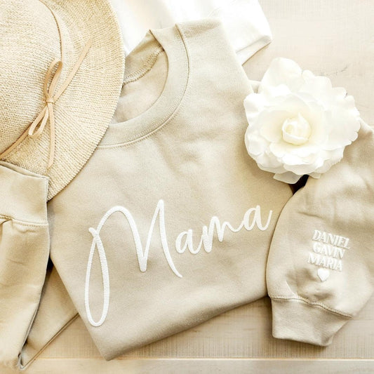 Personalized Mama Sweatshirt with Kid Names on Sleeve, Mothers Day Gift, Birthday Gift for Mom, Minimalist Cool Mom Sweater, New Mom #M104