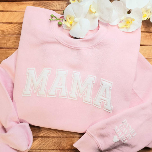 Personalized Mama Sweatshirt with Kid Names on Sleeve, Mothers Day Gift, Birthday Gift for Mom, Minimalist Cool Mom Sweater, New Mom, Pink