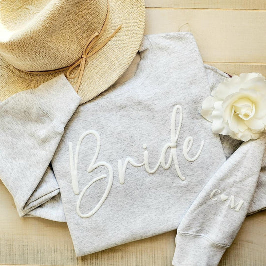 Bride Sweatshirt Personalized, Initial Heart Sleeve Crew, Personalized Gift for Bride, Engagement Gift, Unique Bridal Shower