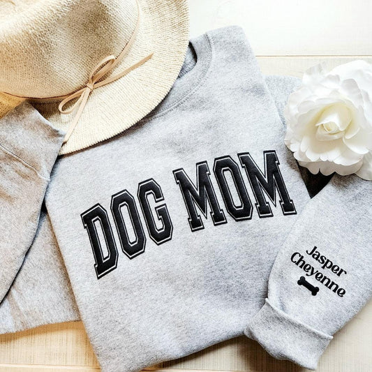Custom Dog Mom Sweatshirt with Puff Lettering, Personalized Pet Names on Sleeve, Fur Mom Sweater