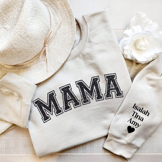 Glitter Mama Sweatshirt with kid names, Custom Mama sweatshirt, Lettering on Sleeve, Mama sweatshirt with names on sleeve, New Mom Gift