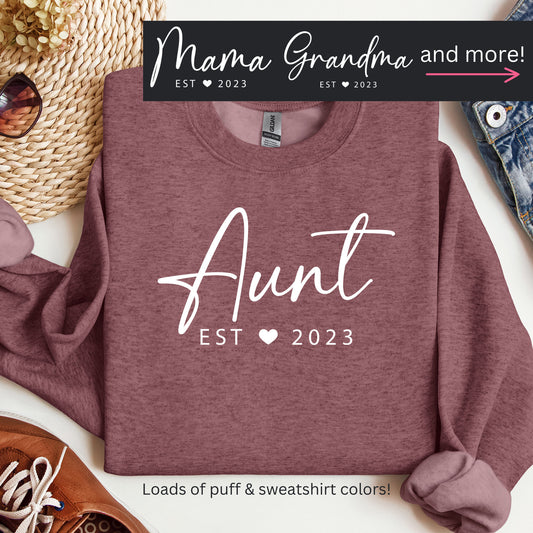 Aunt Sweatshirt with Established Year, Birthday Gift, Mothers Day Gift, Gift for Auntie, Cute Aunt Shirt, Keepsake Sweater