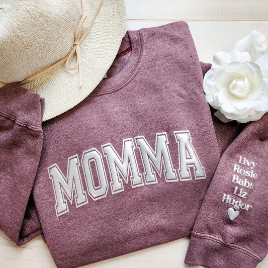 Momma Keepsake Sweatshirt with Puff Lettering, Personalized Kid Names on Sleeve, Mom Sweater, New Mom Gift, Maroon