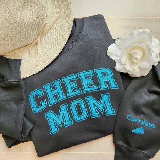 Custom Cheer Mom Sweatshirt, Cheerleader Shirt, Glitter Cheer Mom, Competition Mom Sweater Outfit, Personalized Cheer Gift for her