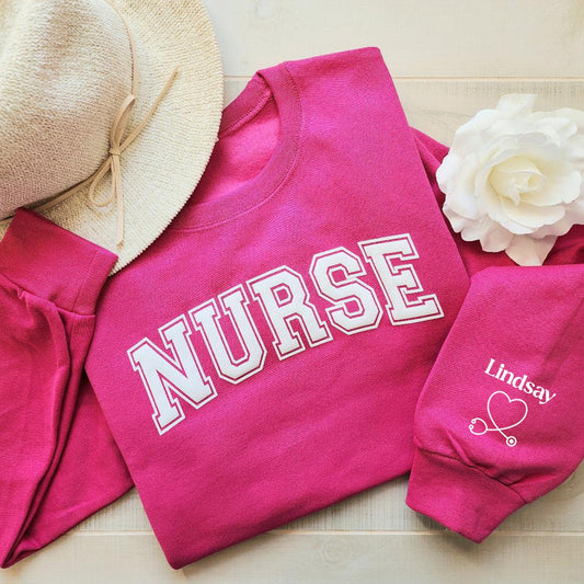 Personalized Nurse Sweatshirt, Embossed Puff Design with Custom Sleeve Name, New Nurse to be Gift, Appreciation Sweater, Graduation T Shirt