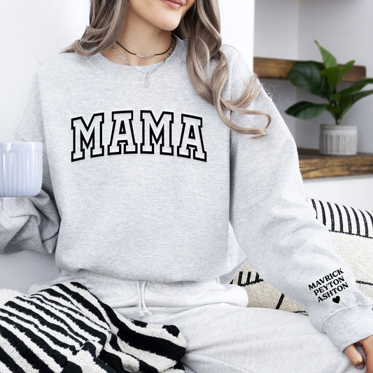 Popular Mama Sweatshirt with Kids Names on Sleeve, Embossed Puff Lettering, Sweater Gift for Mothers Day, New Mom or Birthday, Army Green