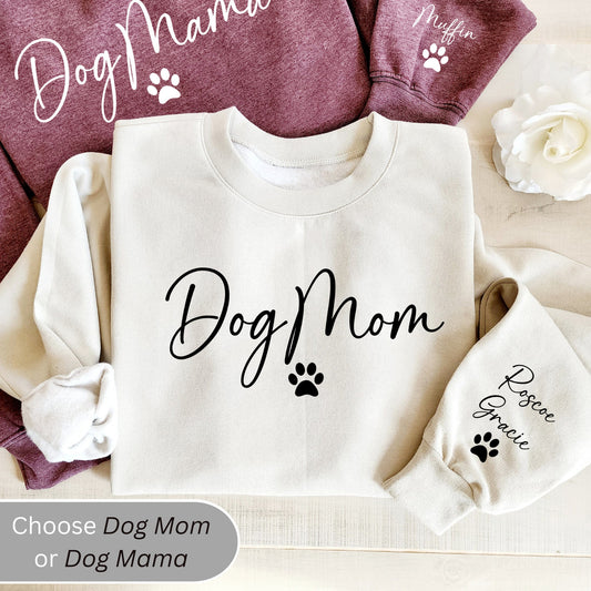 Custom Dog Mama Sweatshirt, Personalized Pet Name on Sleeve Design, Dog Mom Life Crew Neck Sweater, Fur Mama Gift For Her, New Dog Lover