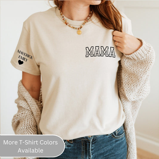 Custom Pocket Mama Shirt with Children Name on Sleeve, Mom T Shirt, Mother's Day Shirt for Women, Pregnancy Reveal, New Mom Gift Shower Gift