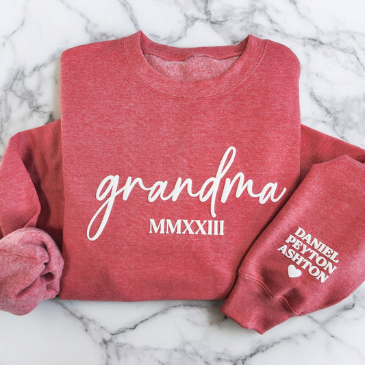 Custom Embossed Grandma Sweatshirt with Grandkids Names on Sleeve, Grandma Est Roman Numerals, Personalized Nana Sweater, New Grandma Gift