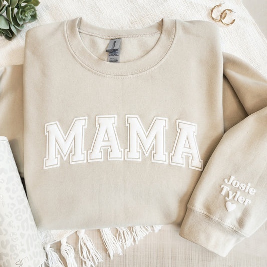 Personalized Mama Sweatshirt with Puff Embossed Kids Names on Sleeve, Perfect Sweater for Mothers Birthday or New Mom Gift, Sand Sweatshirt
