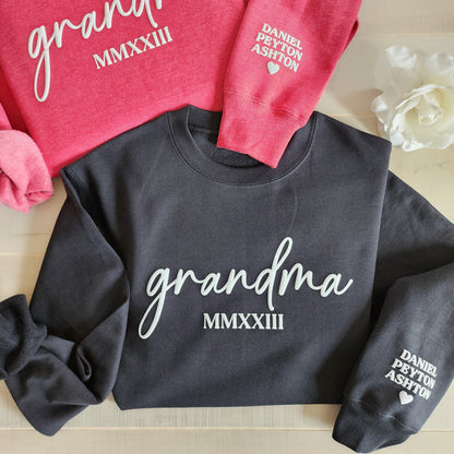 Custom Embossed Grandma Sweatshirt with Grandkids Names on Sleeve, Grandma Est Roman Numerals, Personalized Nana Sweater, New Grandma Gift