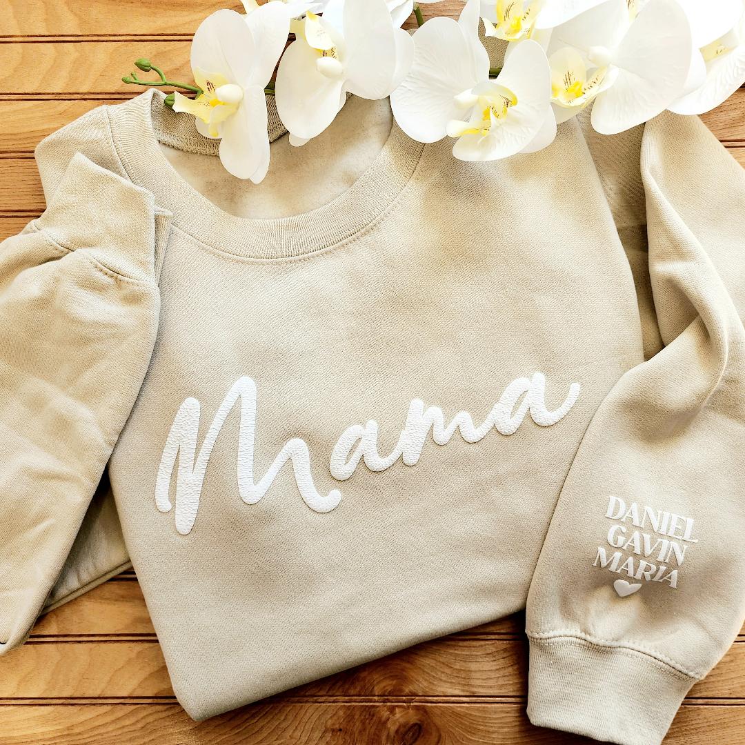 Personalized Puff Embossed Script Mama Sweatshirt with Kid Names on Sleeve #M103