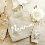 Personalized Puff Embossed Script Mama Sweatshirt with Kid Names on Sleeve #M103